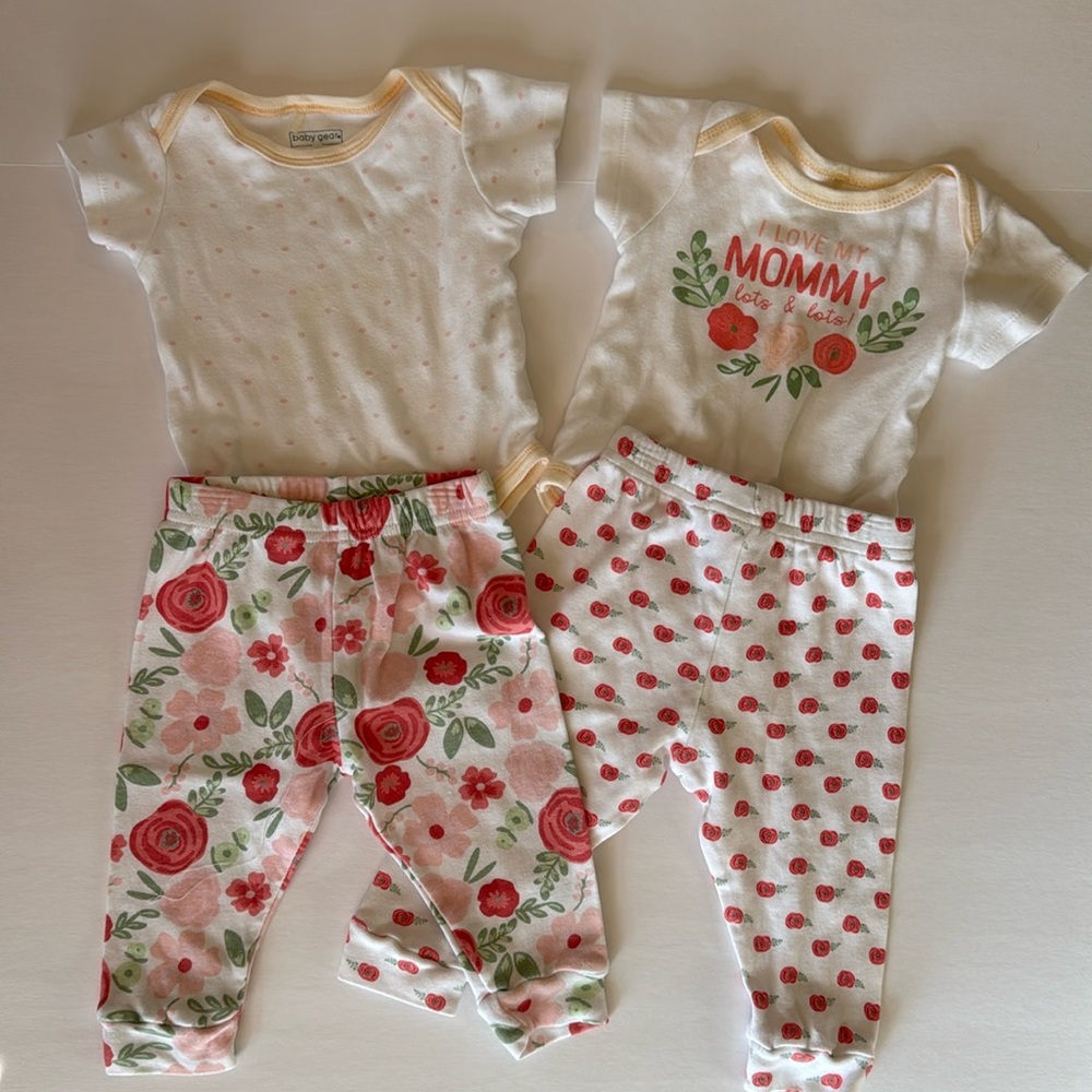 2 Pack! Baby Gear Onsies w Matching Leggings, Pink w Roses, Size 6-9 Months